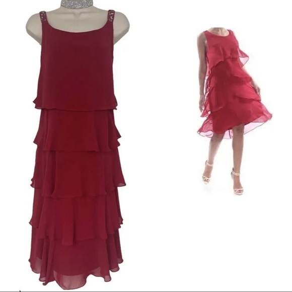 SL Fashions Sz 6 Red Tiered Ruffled Chiffon Sequin Strap Shift Dress Cocktail - Picture 1 of 8